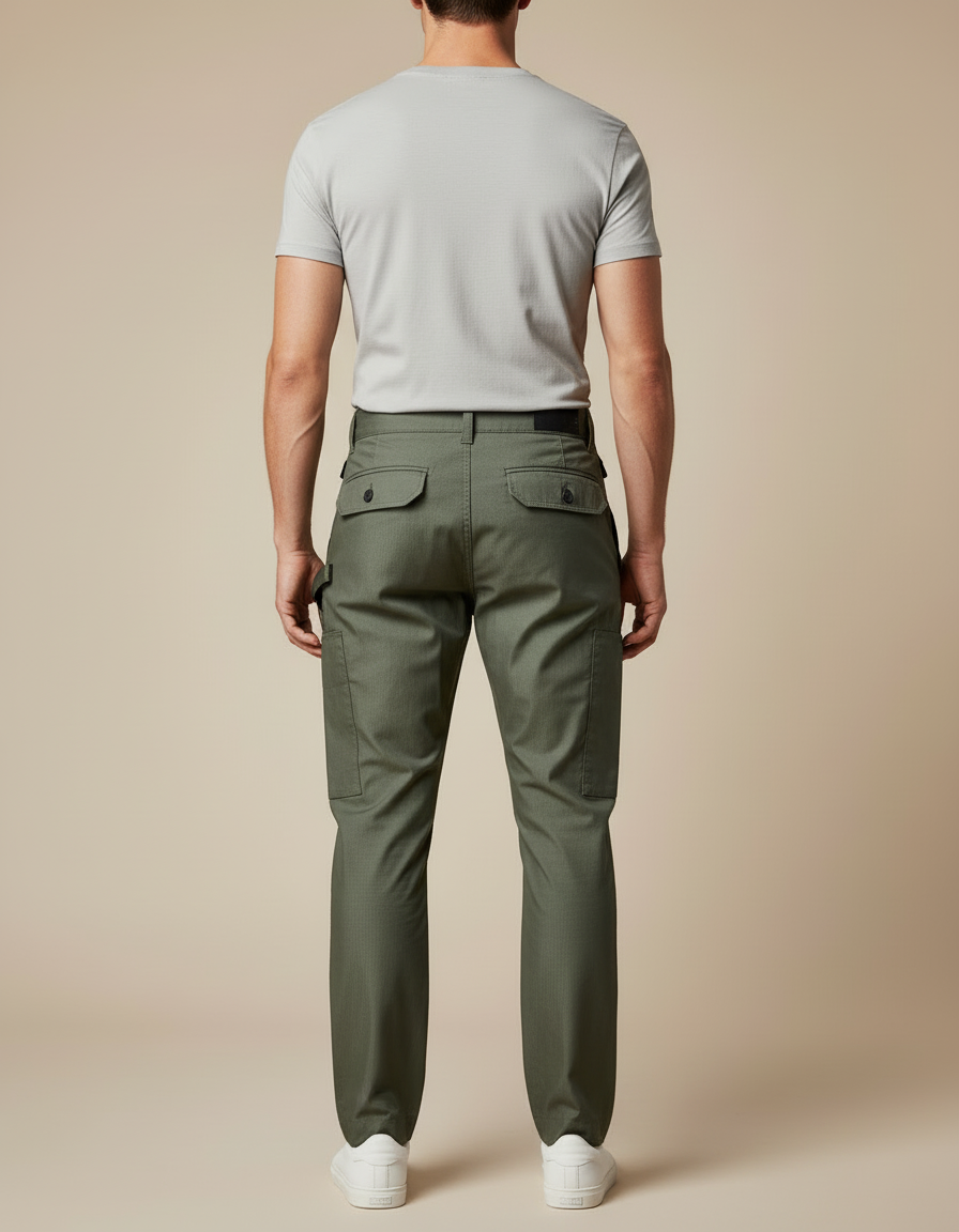 Pantalon Cargo Vert Militaire Droit Multipoches Coton - Kaki - vue 2