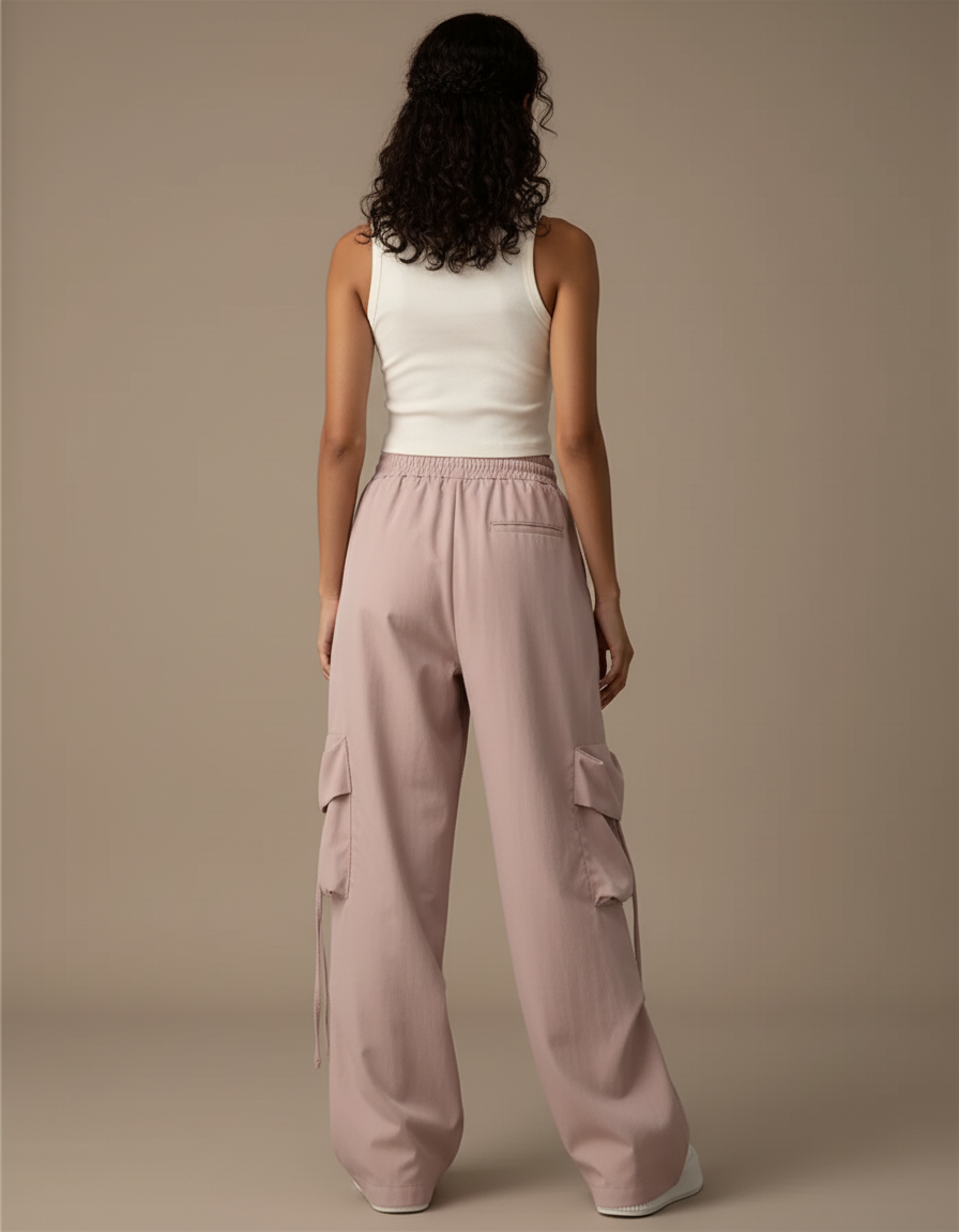 Pantalon Cargo Rose Ample Taille Haute Femme Casual - Coton - vue 2