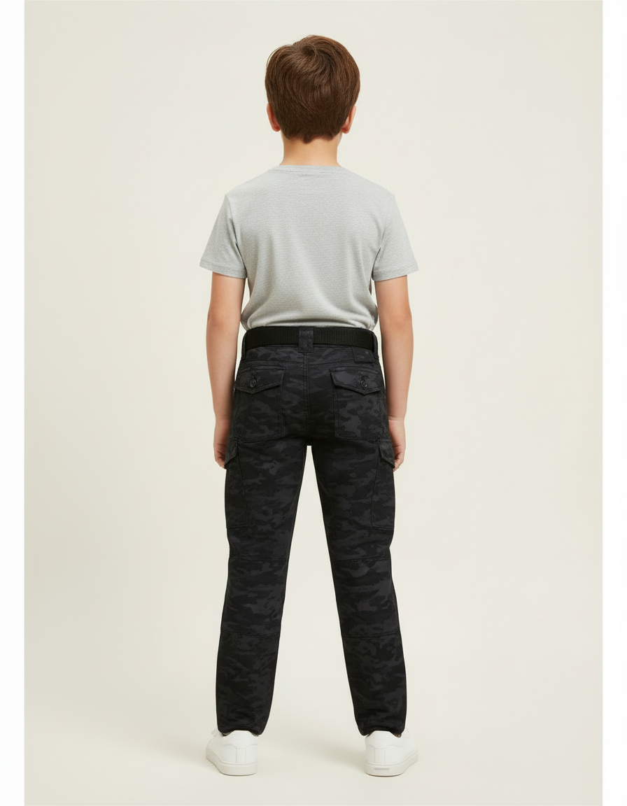 Pantalon Cargo Garçon Camouflage Noir Multipoches Décontracté Urbain - Toile - vue 2