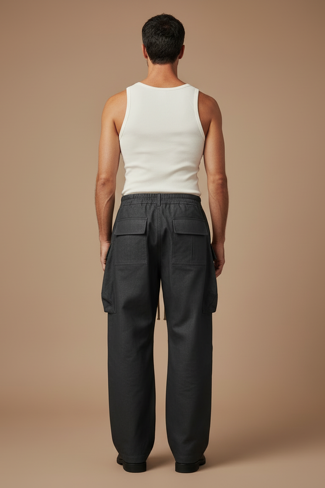 Pantalon Cargo Noir Ample Coton Multipoches Homme - Toile - vue 2