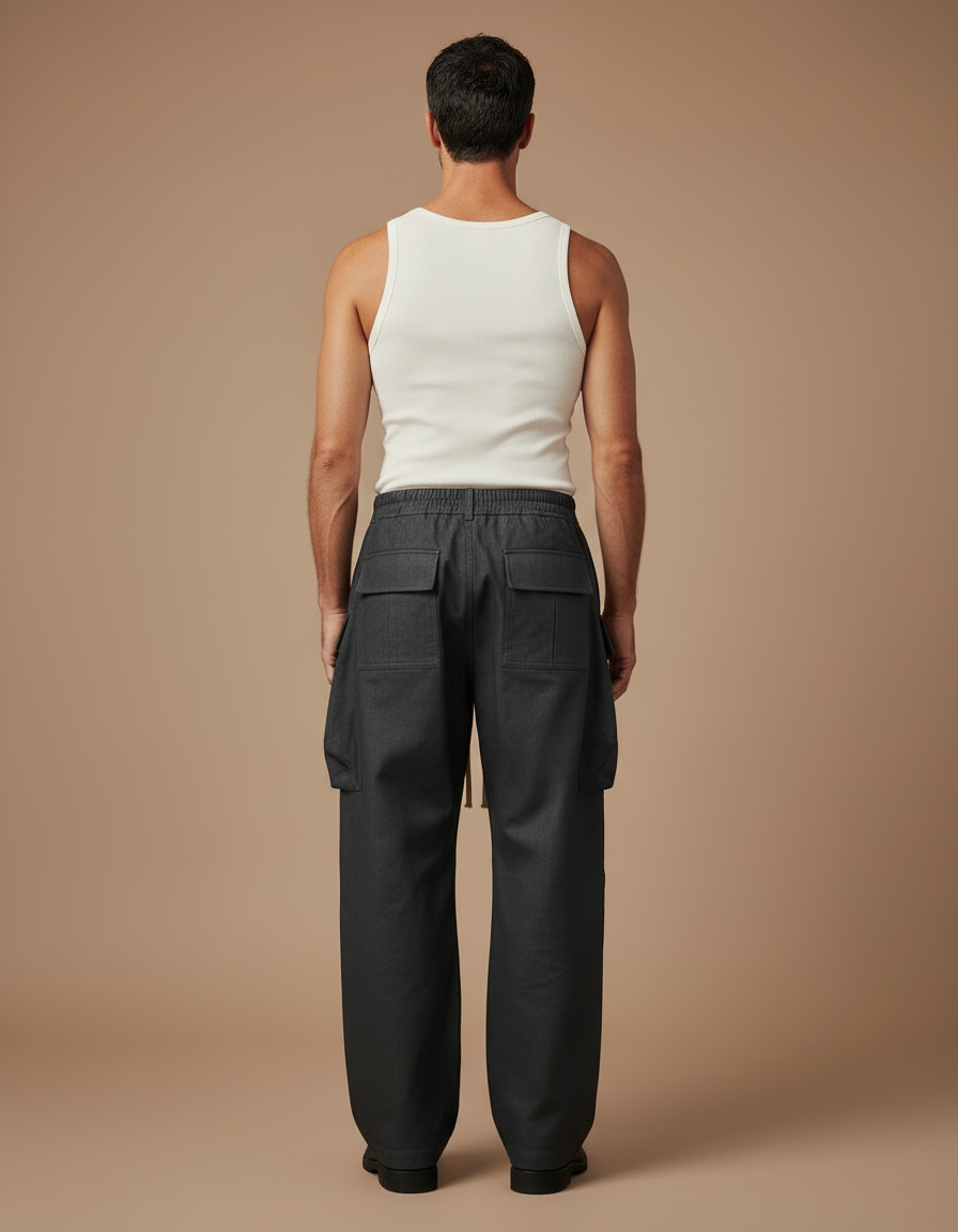 Pantalon Cargo Noir Ample Coton Multipoches Homme - Toile - vue 2