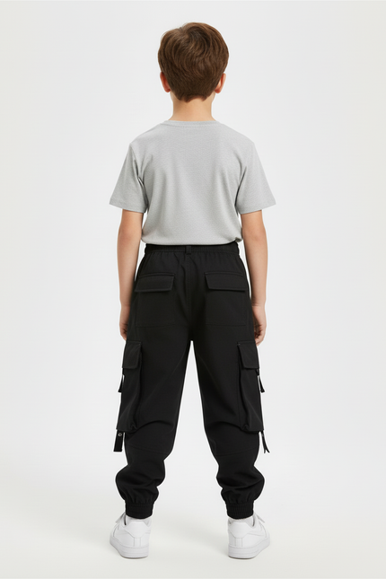 Pantalon Cargo Noir Garçon Multipoches Sangles Urbain - Polyester - vue 2