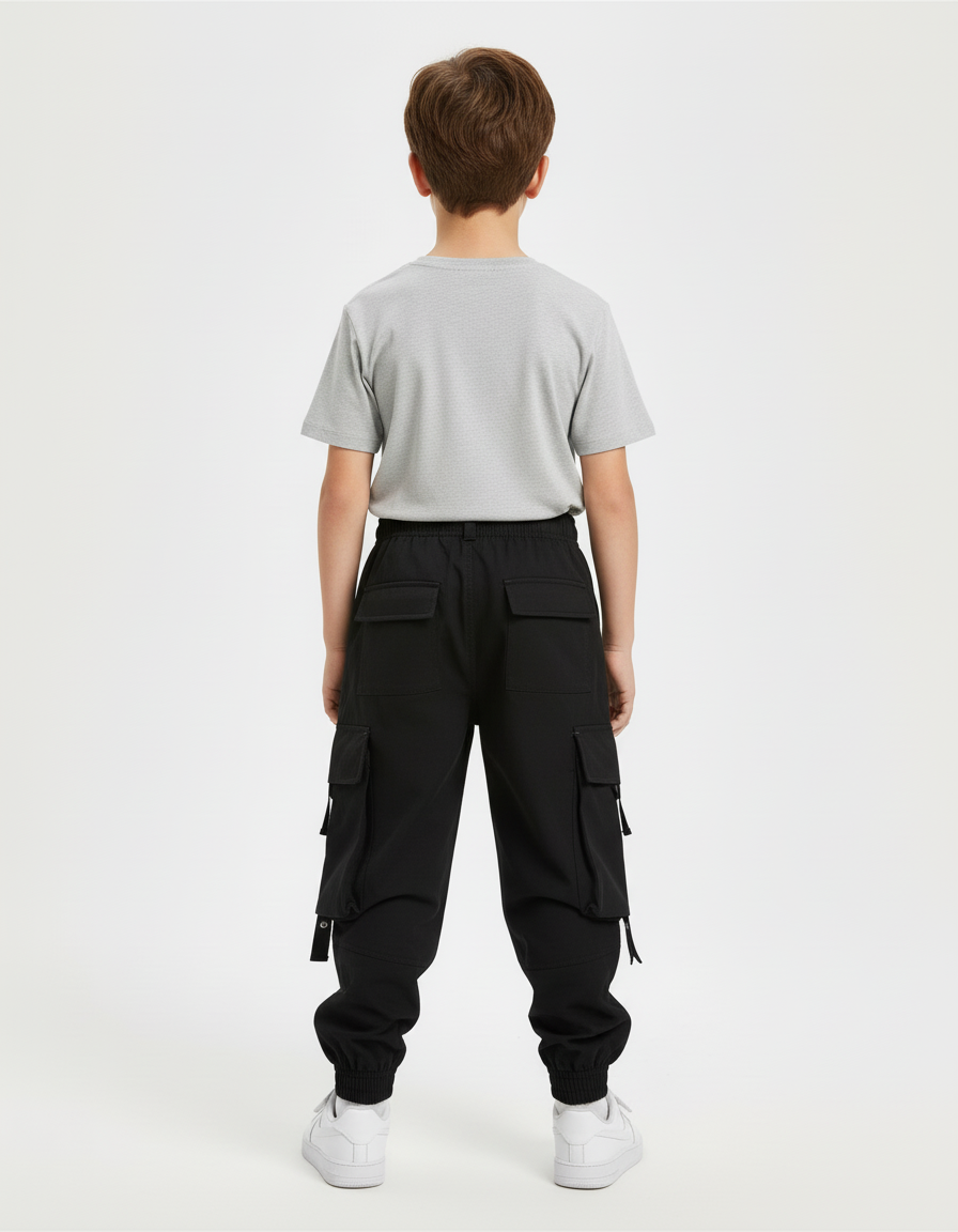 Pantalon Cargo Noir Garçon Multipoches Sangles Urbain - Polyester - vue 2