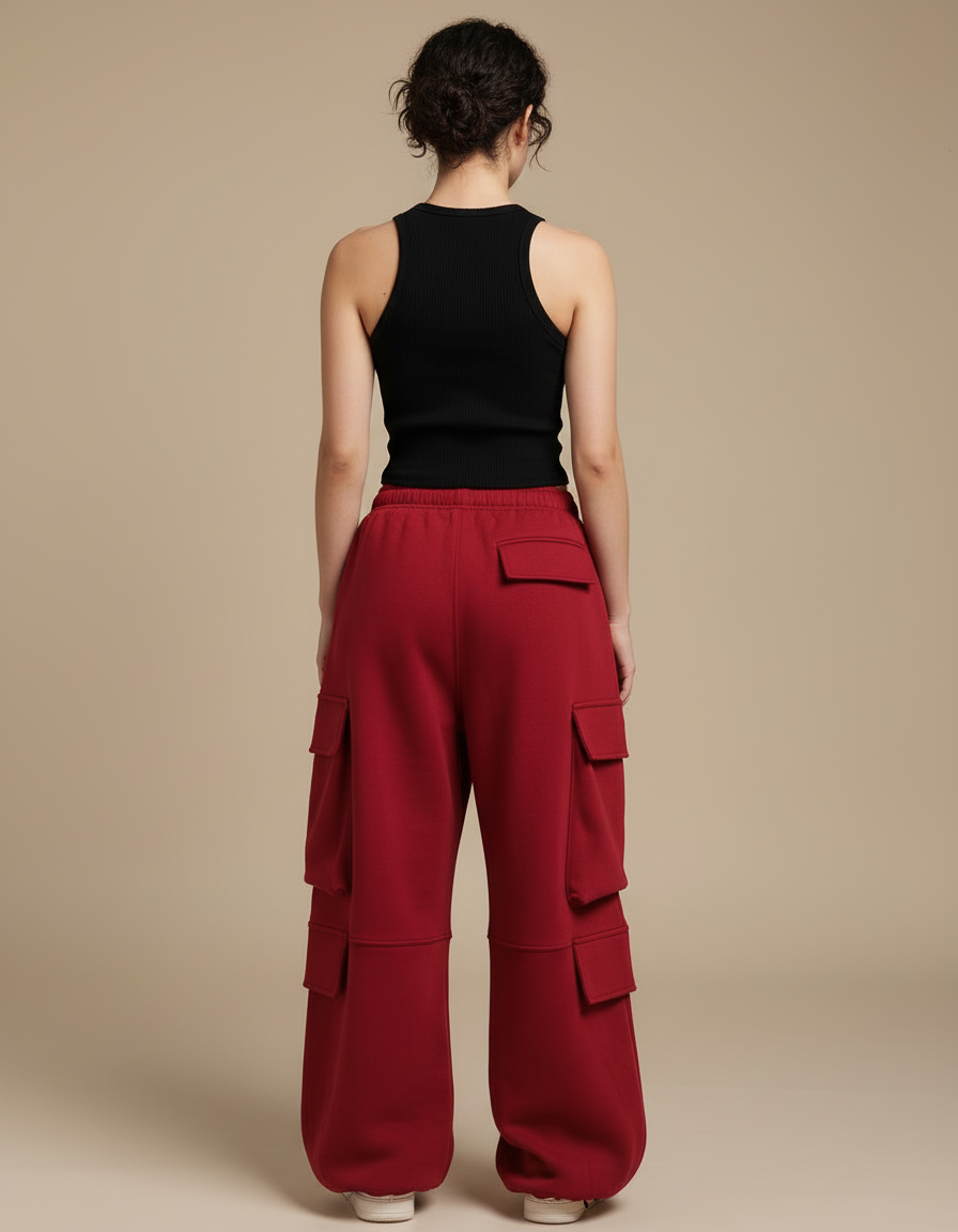 Pantalon Cargo Rouge Femme - Bordeaux Molleton - vue 2