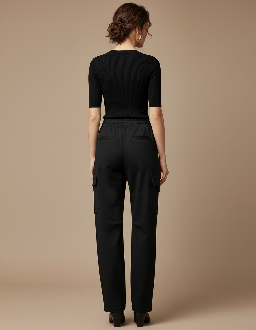 Pantalon Cargo Noir Ample Taille Haute Fluide - Gabardine - vue 2