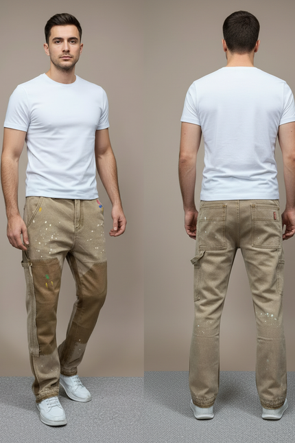Pantalon Cargo Beige Vintage Peint Patchwork Décontracté - Jean - vue 2