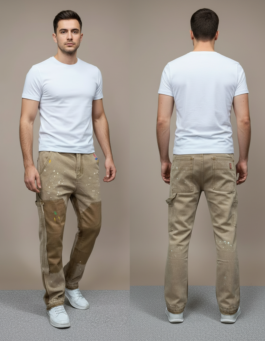 Pantalon Cargo Beige Vintage Peint Patchwork Décontracté - Jean - vue 2