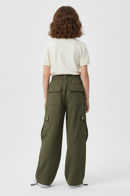 Pantalon Cargo Vert Militaire Ample Multipoches Fille - Kaki Polyester - vue 2