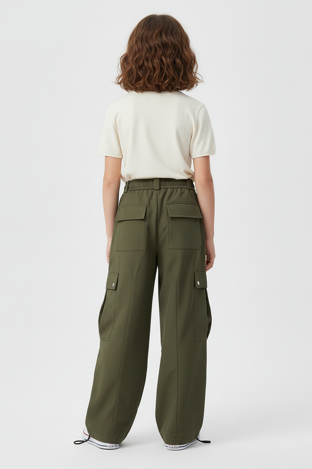 Pantalon Cargo Vert Militaire Ample Multipoches Fille - Kaki Polyester - vue 2