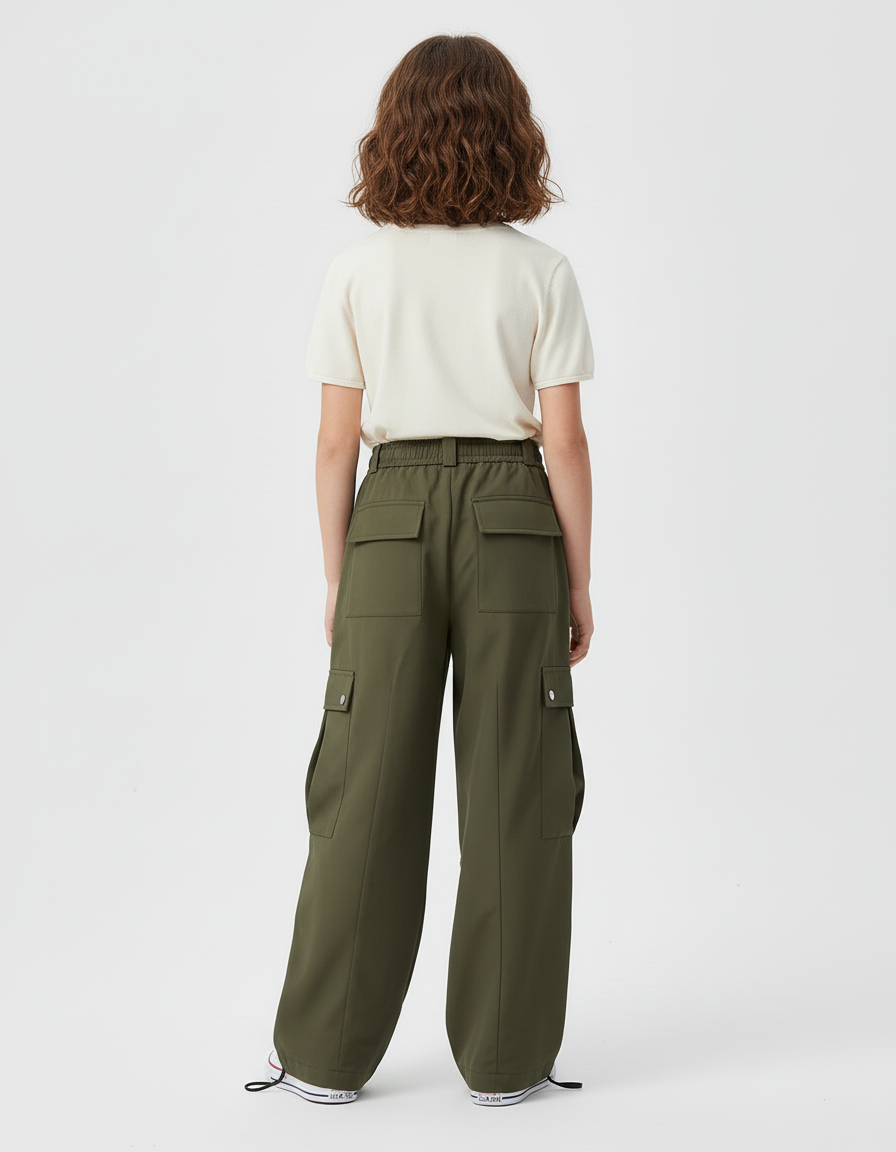 Pantalon Cargo Vert Militaire Ample Multipoches Fille - Kaki Polyester - vue 2