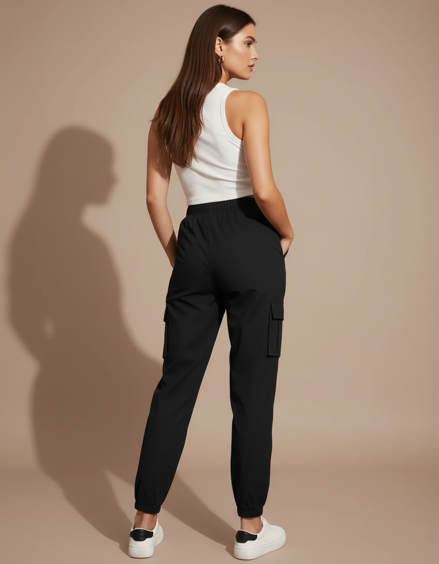 Pantalon Cargo Noir Femme Ample Poches - Polyester - vue 2