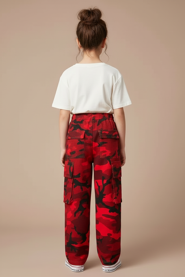 Pantalon Cargo Camouflage Rouge Multipoches Ample Fille - Toile - vue 2