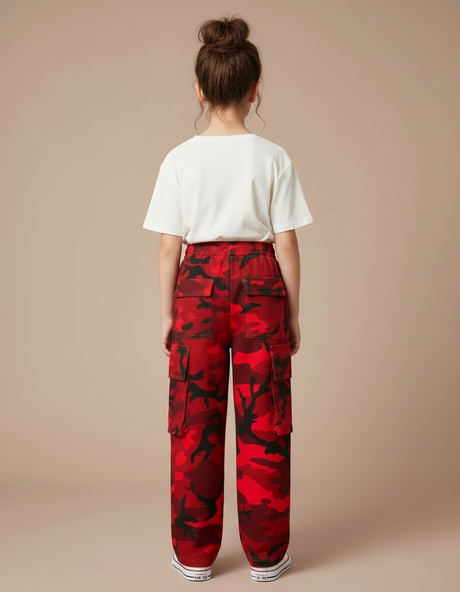Pantalon Cargo Camouflage Rouge Multipoches Ample Fille - Toile - vue 2