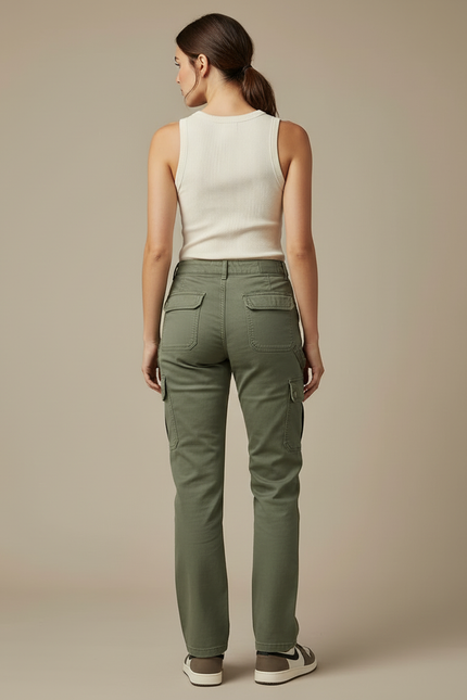 Pantalon Cargo Vert Kaki Coton Multipoches Décontracté Femme - vue 2