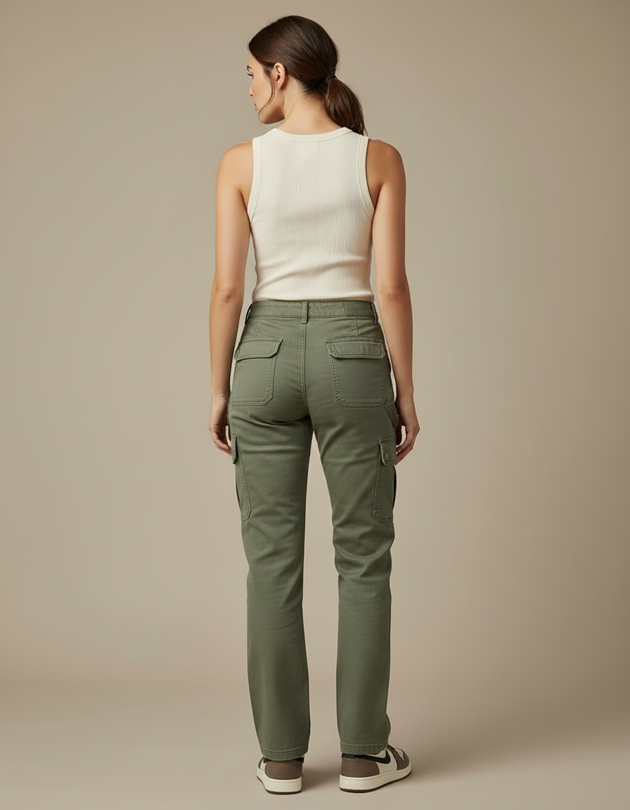 Pantalon Cargo Vert Kaki Coton Multipoches Décontracté Femme - vue 2