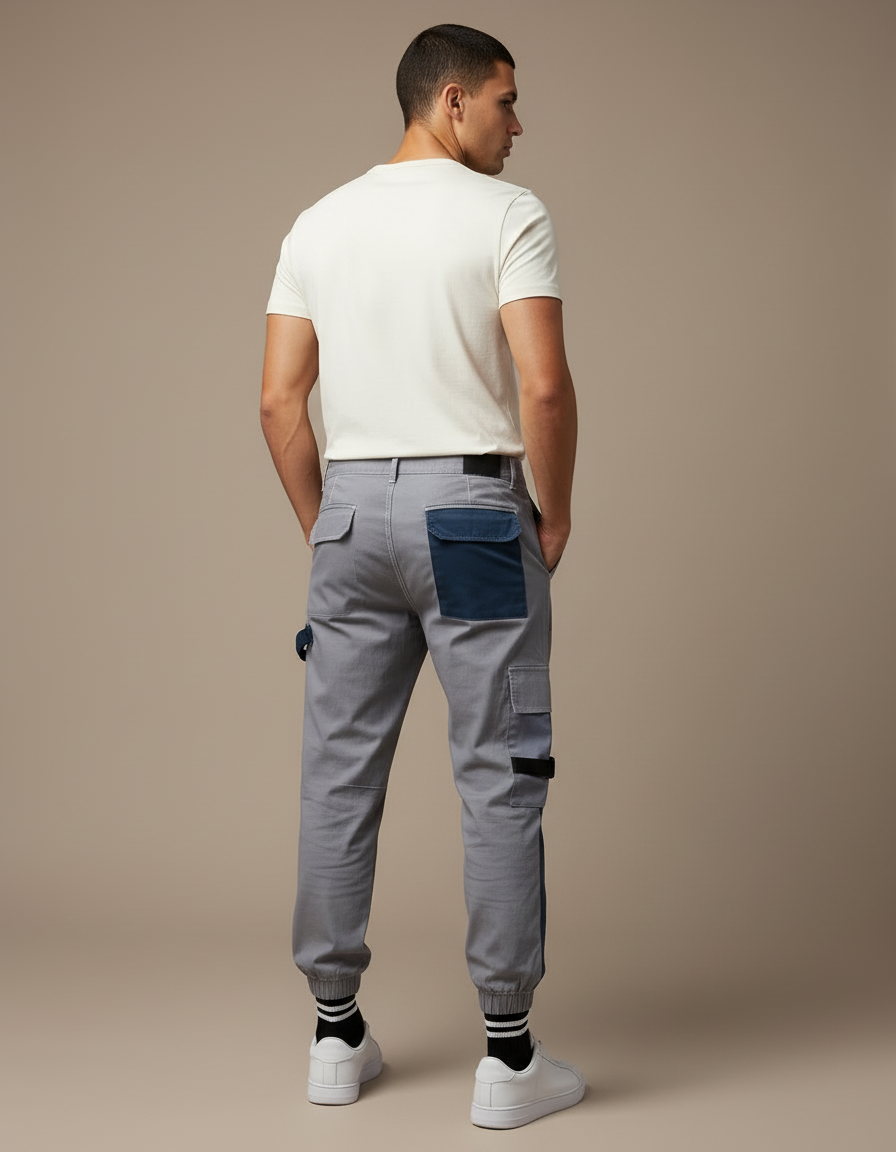 Pantalon Cargo Gris Patchwork Streetwear Jogger Homme - Coton - vue 2