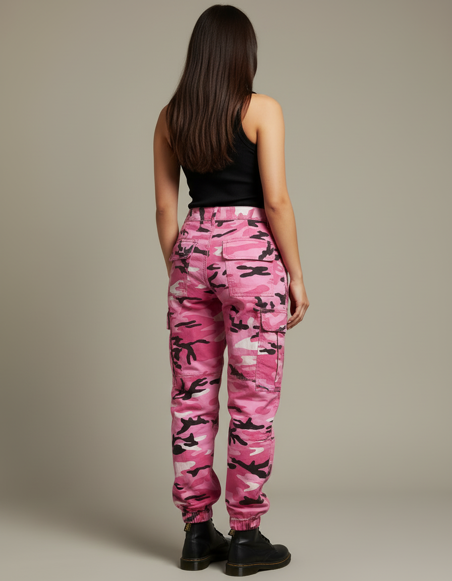 Pantalon Cargo Camouflage Rose Ample Femme - Toile - vue 2