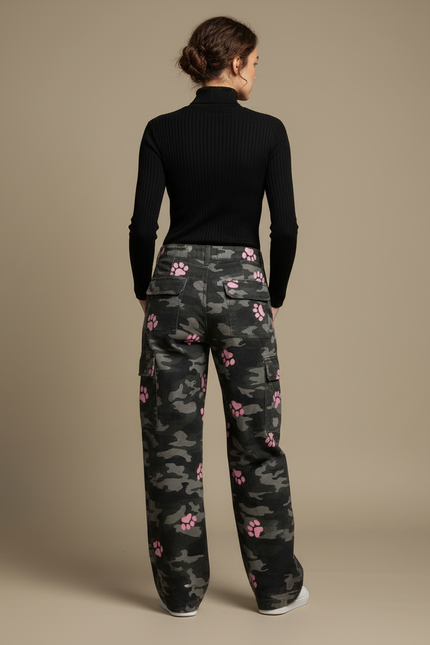 Pantalon Cargo Camouflage Rose Patte Ample Femme - Multicolore Toile - vue 2