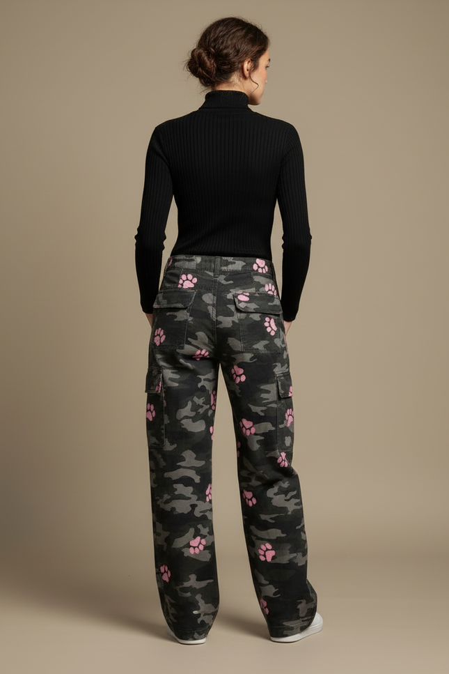 Pantalon Cargo Camouflage Rose Patte Ample Femme - Multicolore Toile - vue 2