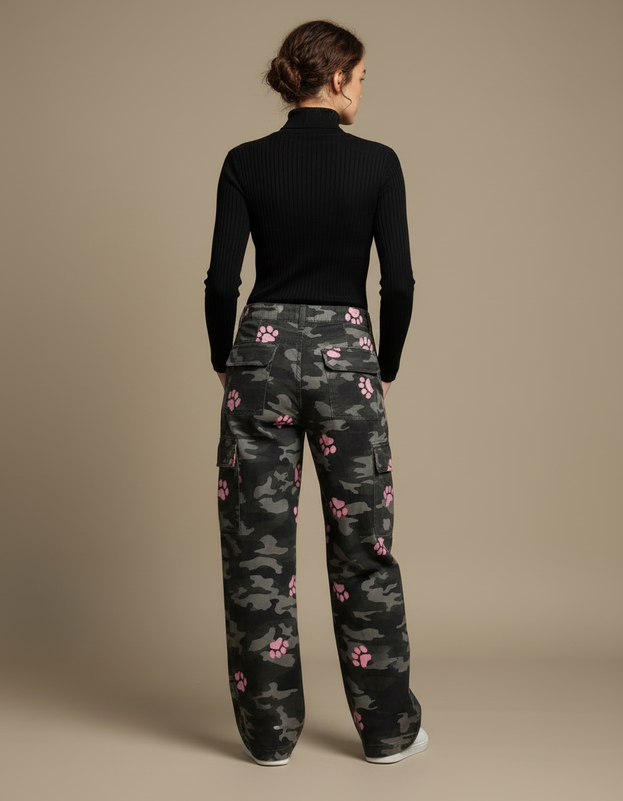 Pantalon Cargo Camouflage Rose Patte Ample Femme - Multicolore Toile - vue 2