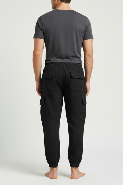 Pantalon Cargo Noir Coton Lin Multipoches Homme - vue 2