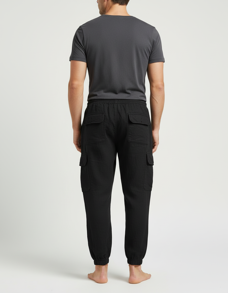 Pantalon Cargo Noir Coton Lin Multipoches Homme - vue 2