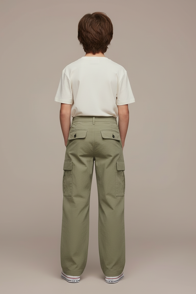 Pantalon Cargo Vert Kaki Ample Décontracté Coton Garçon - Toile - vue 2