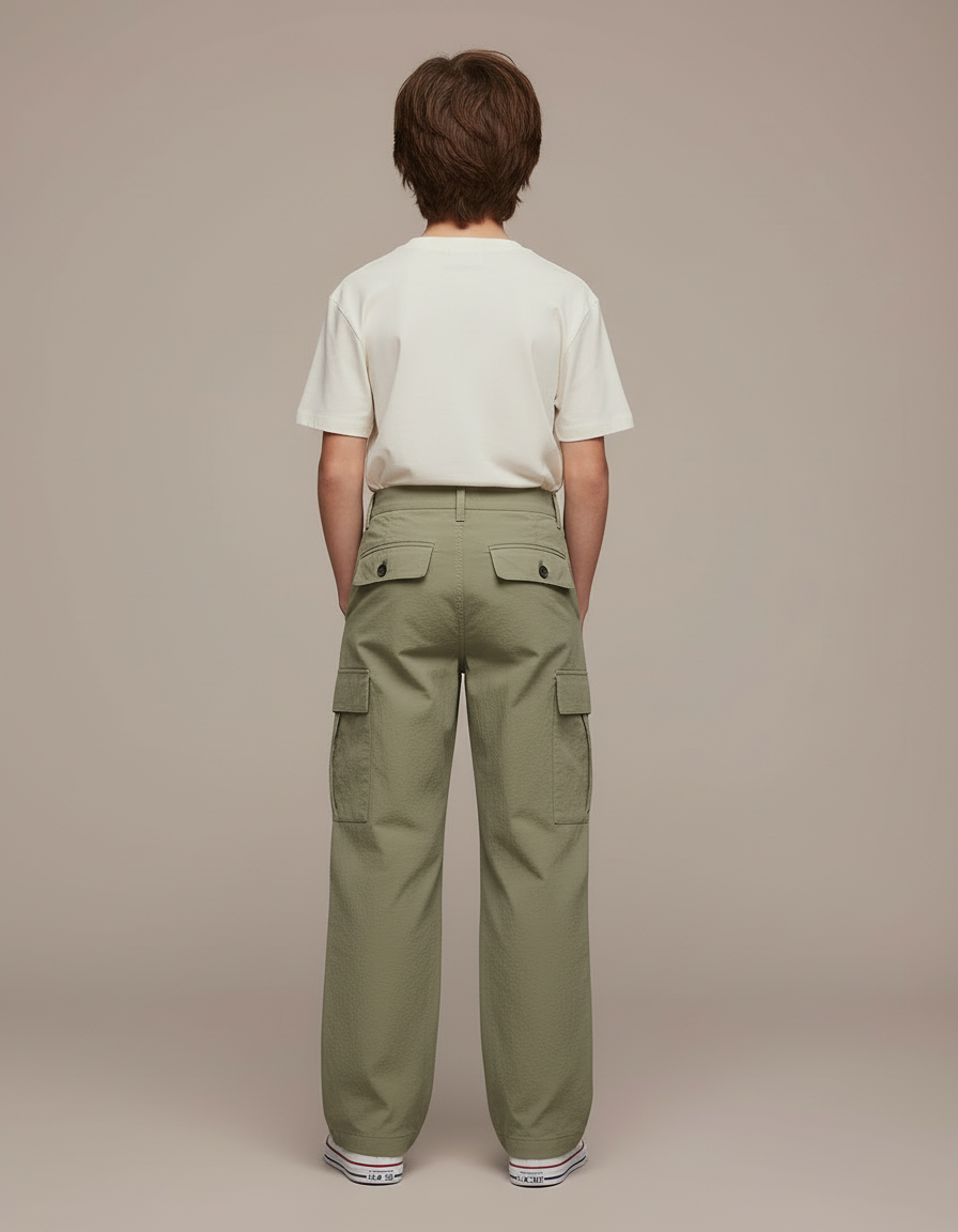 Pantalon Cargo Vert Kaki Ample Décontracté Coton Garçon - Toile - vue 2