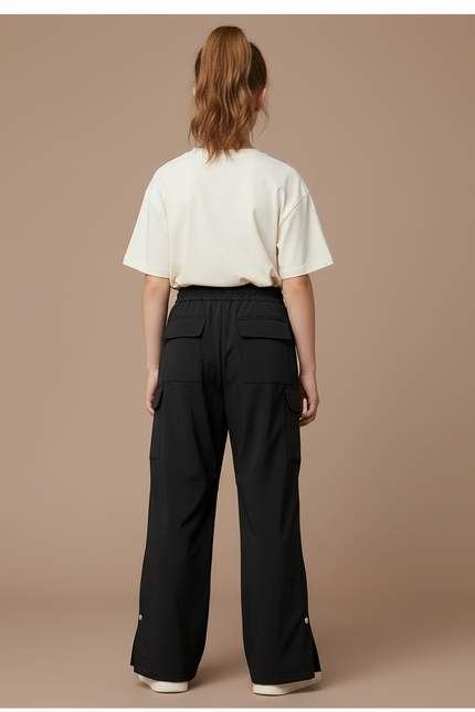 Pantalon Cargo Noir Ample Zippé Fille Sportif - Polyester - vue 2