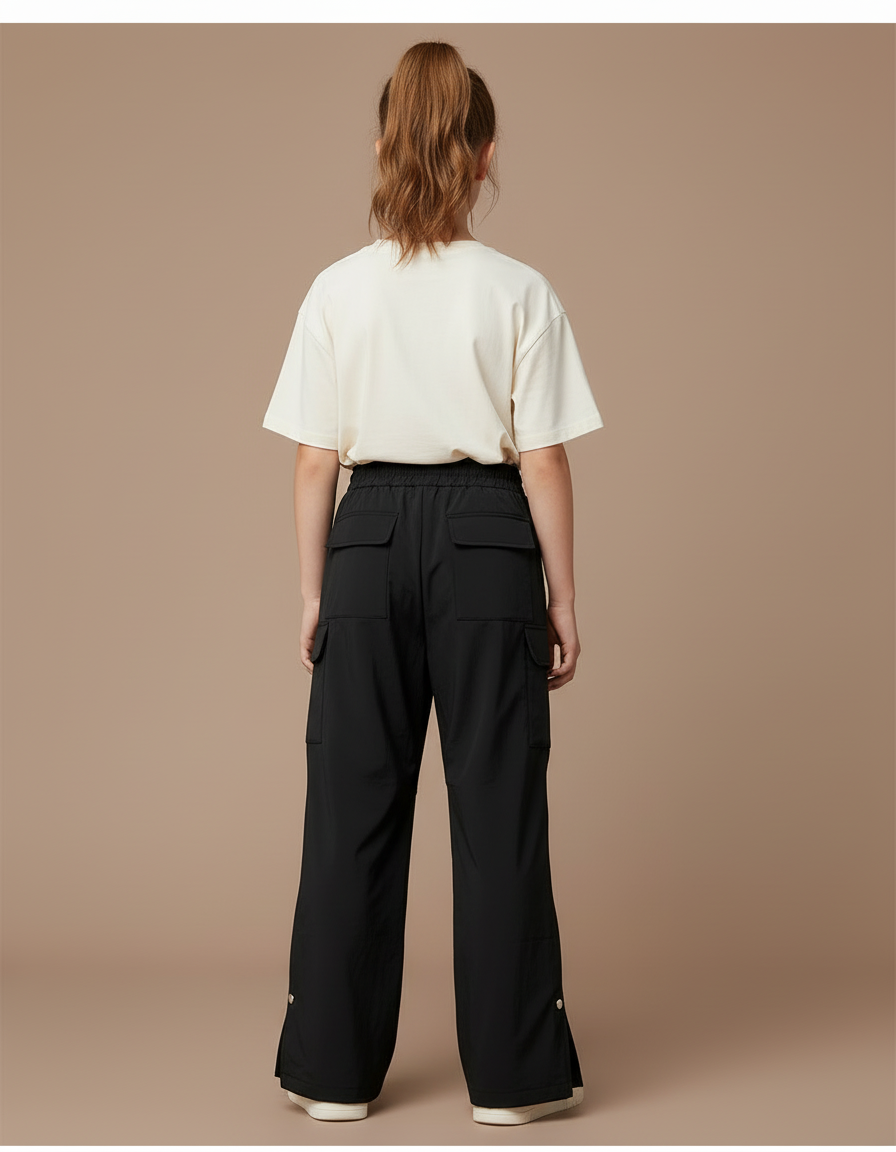 Pantalon Cargo Noir Ample Zippé Fille Sportif - Polyester - vue 2