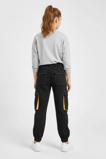 Pantalon Cargo Noir Bandes Latérales Jaune Poches Amples - Toile - vue 2
