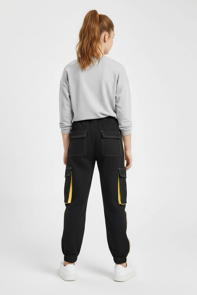 Pantalon Cargo Noir Bandes Latérales Jaune Poches Amples - Toile - vue 2