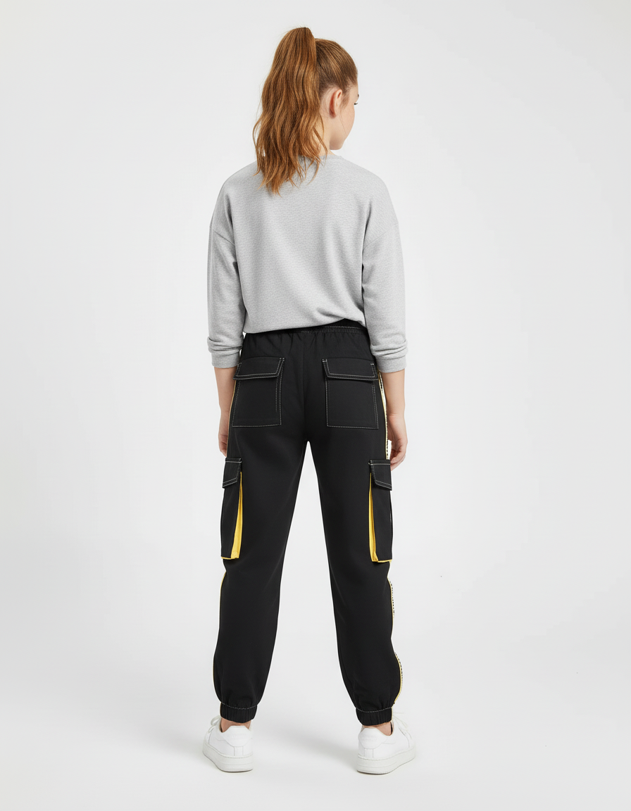 Pantalon Cargo Noir Bandes Latérales Jaune Poches Amples - Toile - vue 2