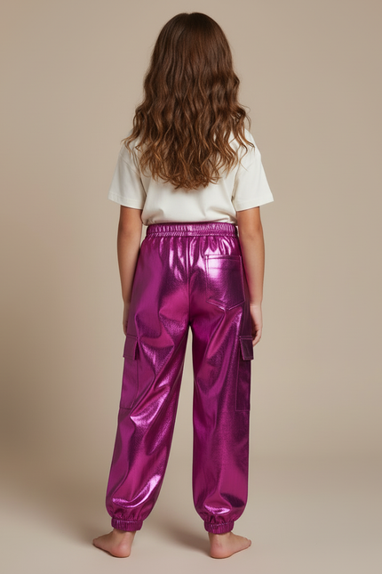 Pantalon Cargo Métallique Brillant Fuchsia Ample Enfant - Rose Polyester - vue 2