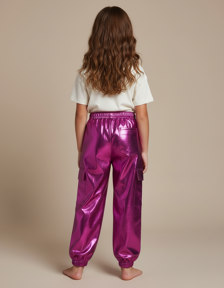 Pantalon Cargo Métallique Brillant Fuchsia Ample Enfant - Rose Polyester - vue 2