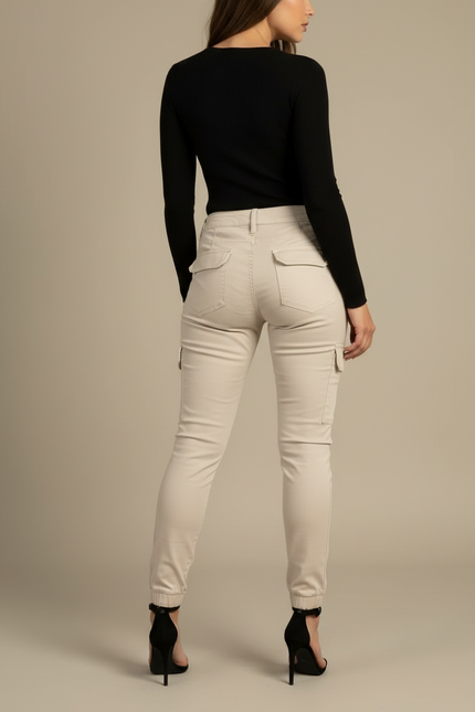 Pantalon Cargo Beige Slim Coton Femme Élégant - Gabardine - vue 2