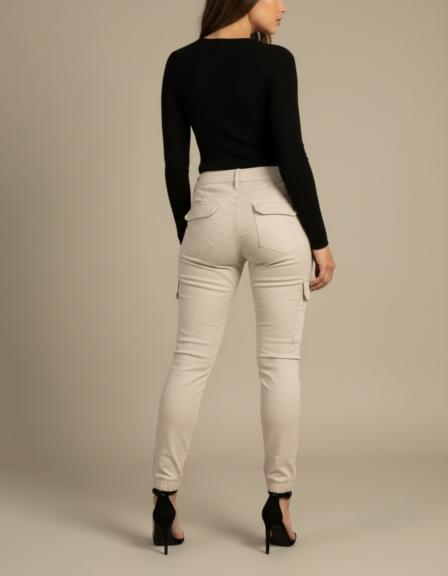 Pantalon Cargo Beige Slim Coton Femme Élégant - Gabardine - vue 2