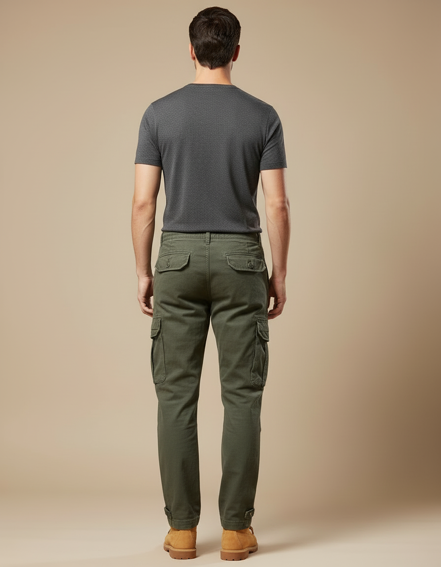 Pantalon Cargo Homme Vert Kaki Coton Multipoches - vue 2