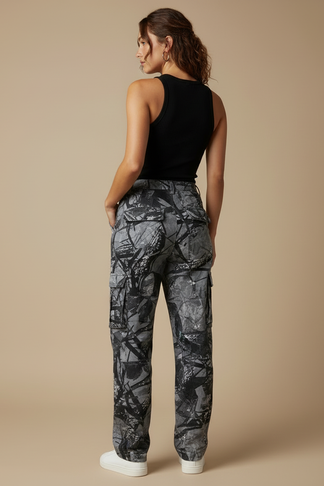 Pantalon Cargo Camouflage Ample Gris Multipoches Décontracté - Toile - vue 2