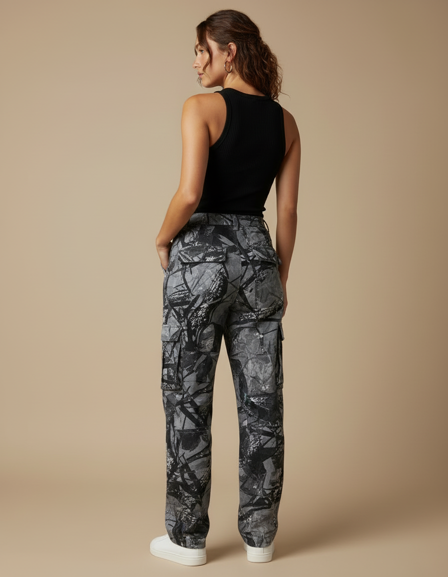 Pantalon Cargo Camouflage Ample Gris Multipoches Décontracté - Toile - vue 2