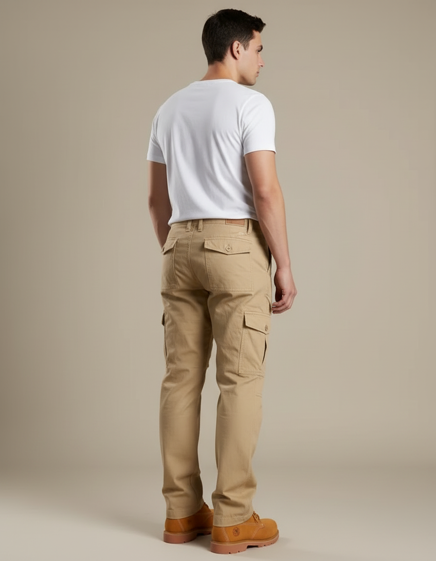 Pantalon Cargo Beige Coton Ample Multipoches Décontracté - vue 2