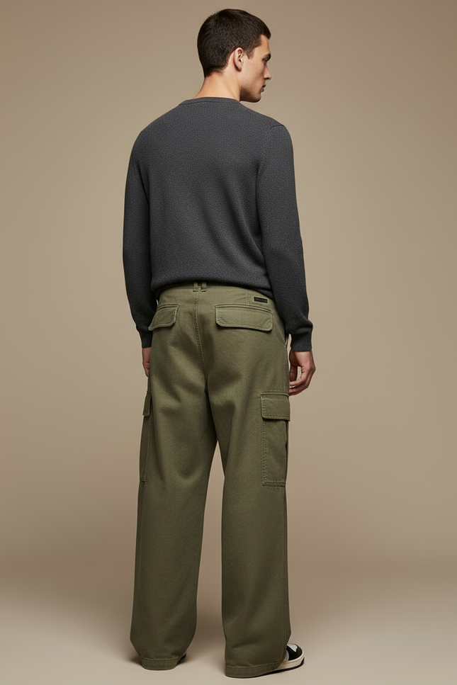Pantalon Cargo Vert Kaki Ample Coton Décontracté Homme - vue 2