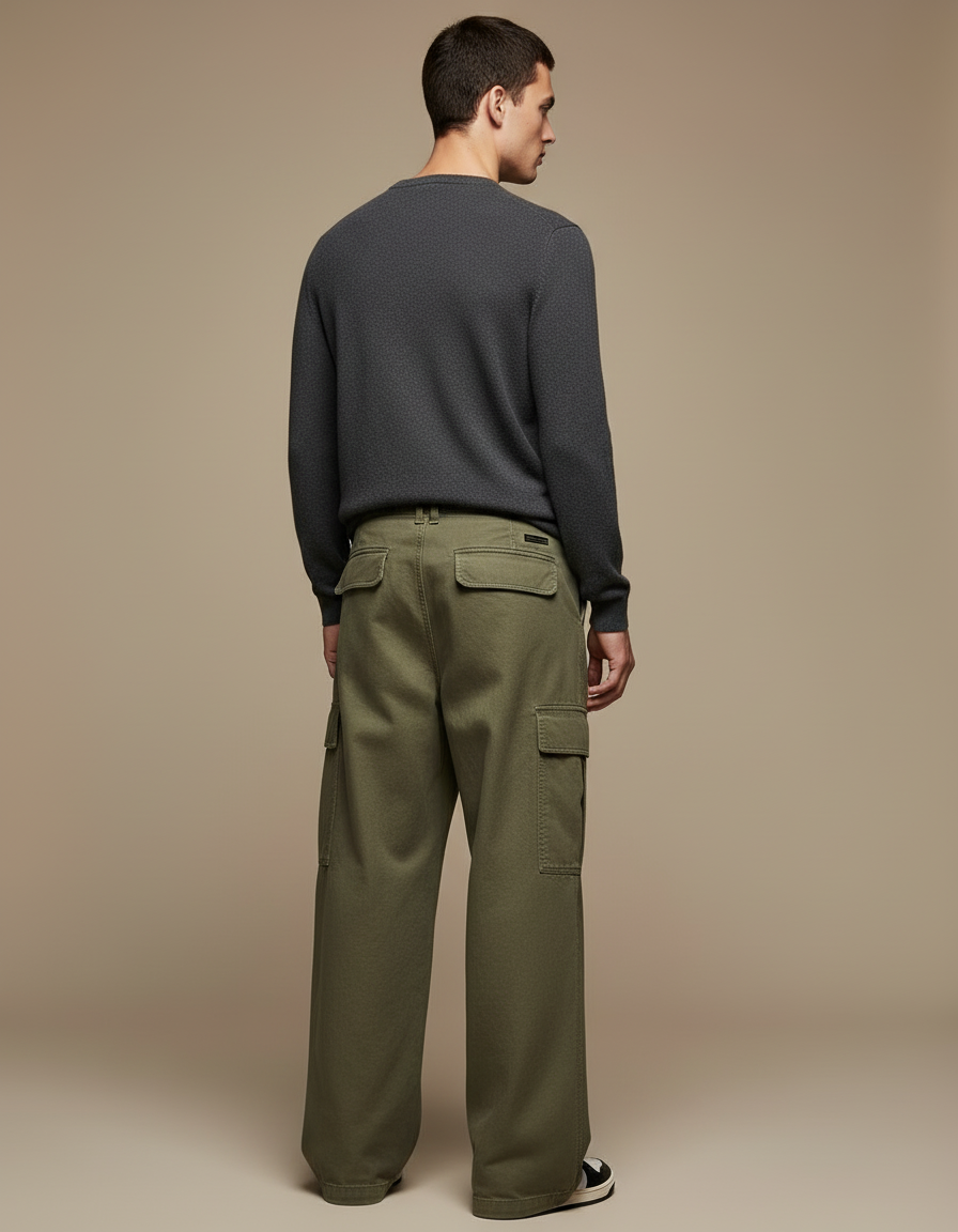 Pantalon Cargo Vert Kaki Ample Coton Décontracté Homme - vue 2