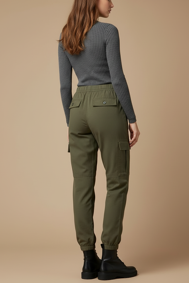 Pantalon Cargo Vert Militaire Femme Taille Haute Élastique - Kaki Gabardine - vue 2