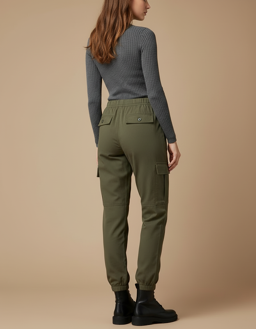 Pantalon Cargo Vert Militaire Femme Taille Haute Élastique - Kaki Gabardine - vue 2