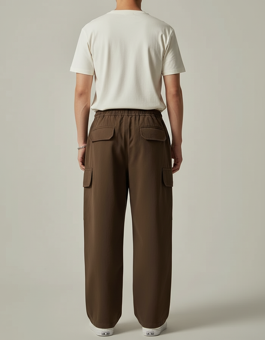 Pantalon Cargo Marron Ample Coton Poches Multiples Décontracté - Toile - vue 2