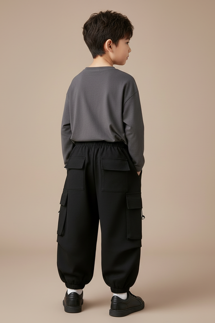 Pantalon Cargo Noir Ample Garçon Décontracté Molletonné - vue 2