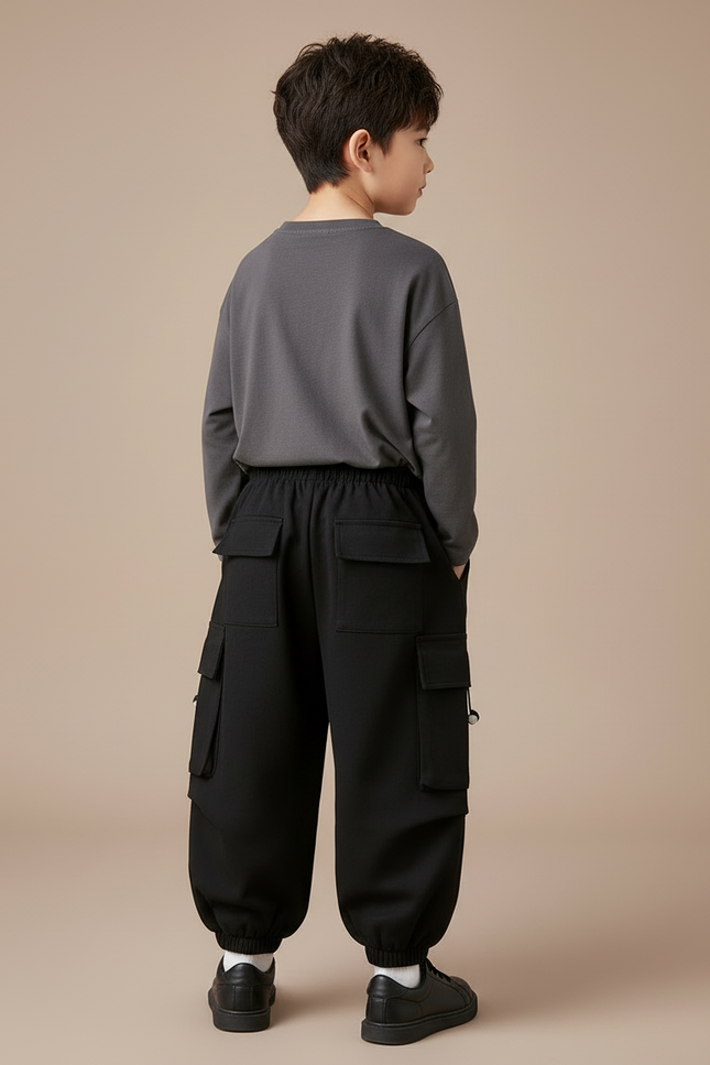 Pantalon Cargo Noir Ample Garçon Décontracté Molletonné - vue 2