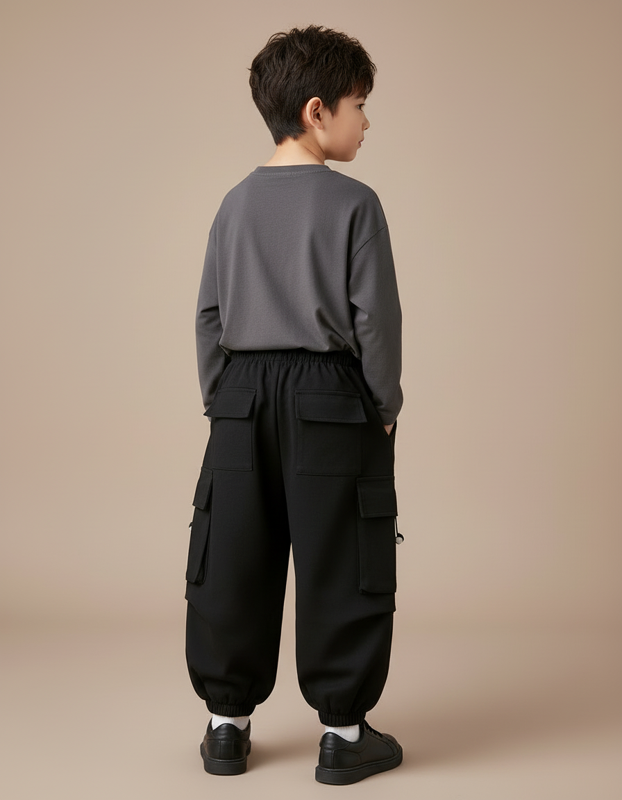Pantalon Cargo Noir Ample Garçon Décontracté Molletonné - vue 2