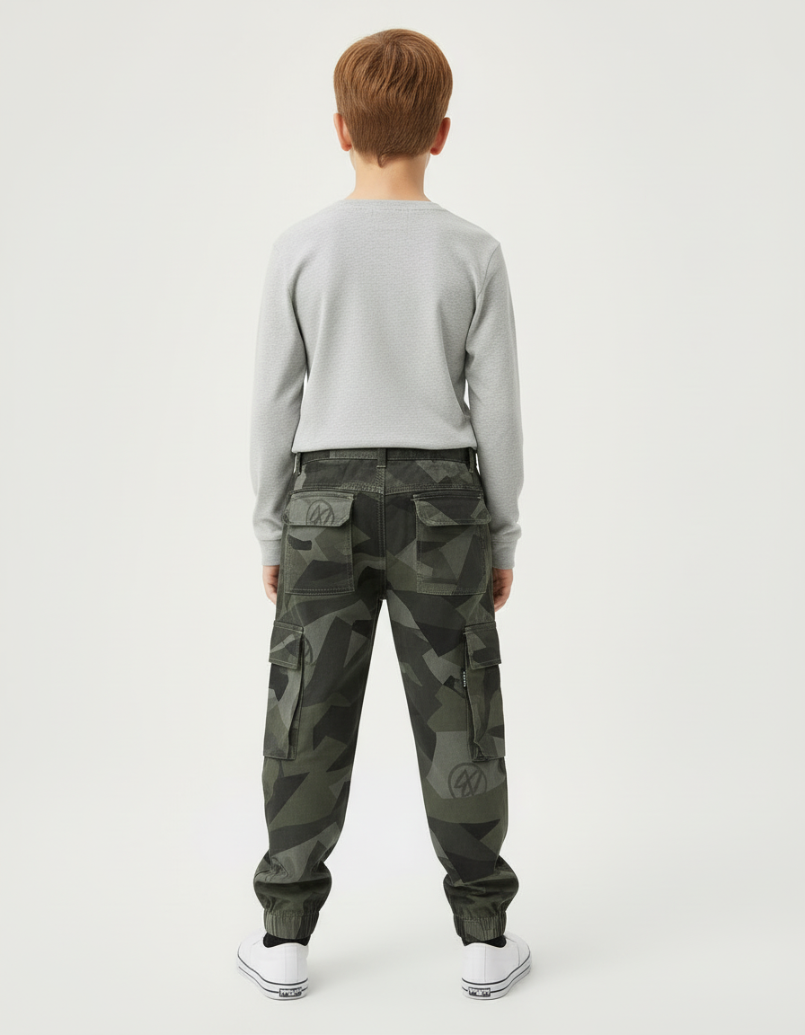 Pantalon Cargo Camouflage Vert Jogger Enfant Multipoches - Toile - vue 2